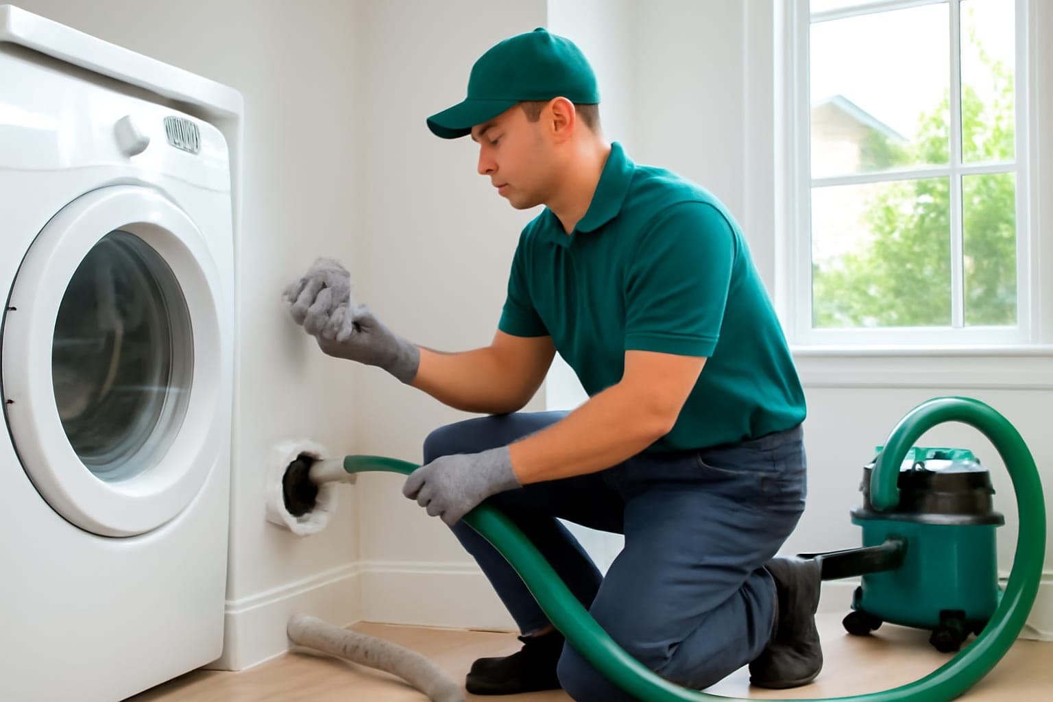 Air Special Pro technician clearing packed lint from a dryer vent line in a Houston TX home