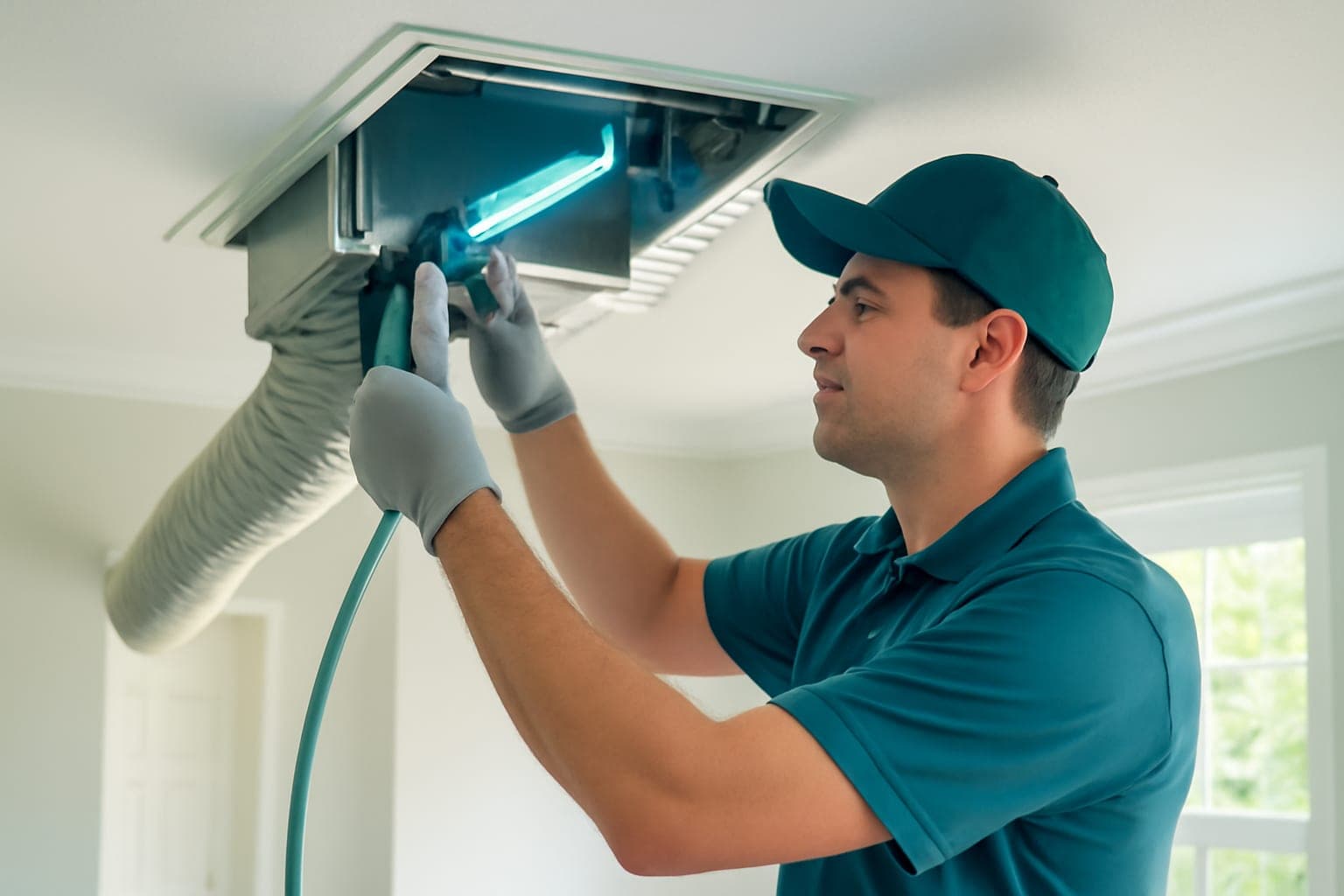 Technician installing an in-duct UV-C air purification light in a Houston TX HVAC system