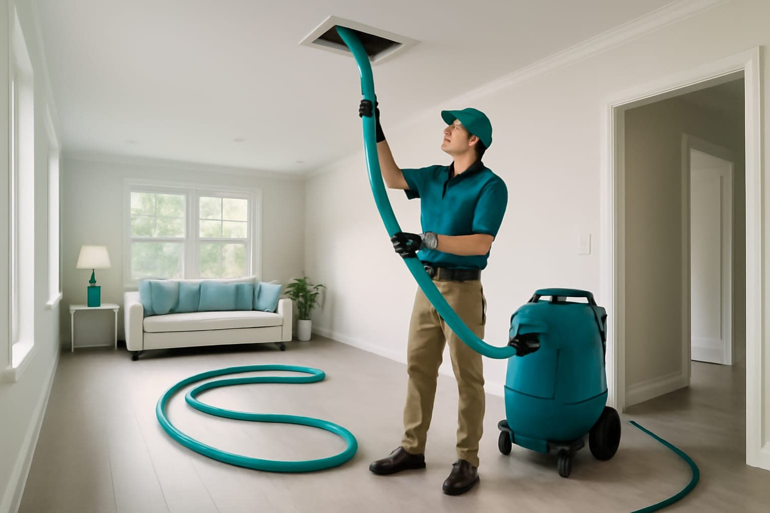 Air Special Pro technician performing camera-verified air duct cleaning in a Houston, TX home